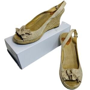 Rocket Dog Tan Canvas Burlap Bow Slingback Peep Toe Espadrilles 3" Heel Size 8